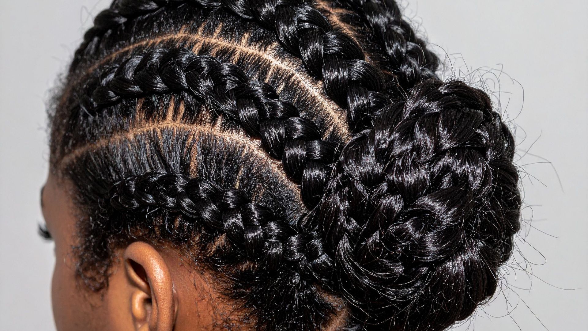 Intricate black braided hairstyle with detailed cornrows and curls